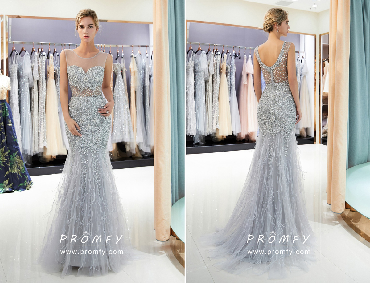 silver grey feather prom dress silver grey feather prom dress